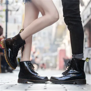 

2020 New Fashion Patent Leather Ankle Boots For Men/Women Square Low Heels Shoes Female Lace Up Platform lovers Booties
