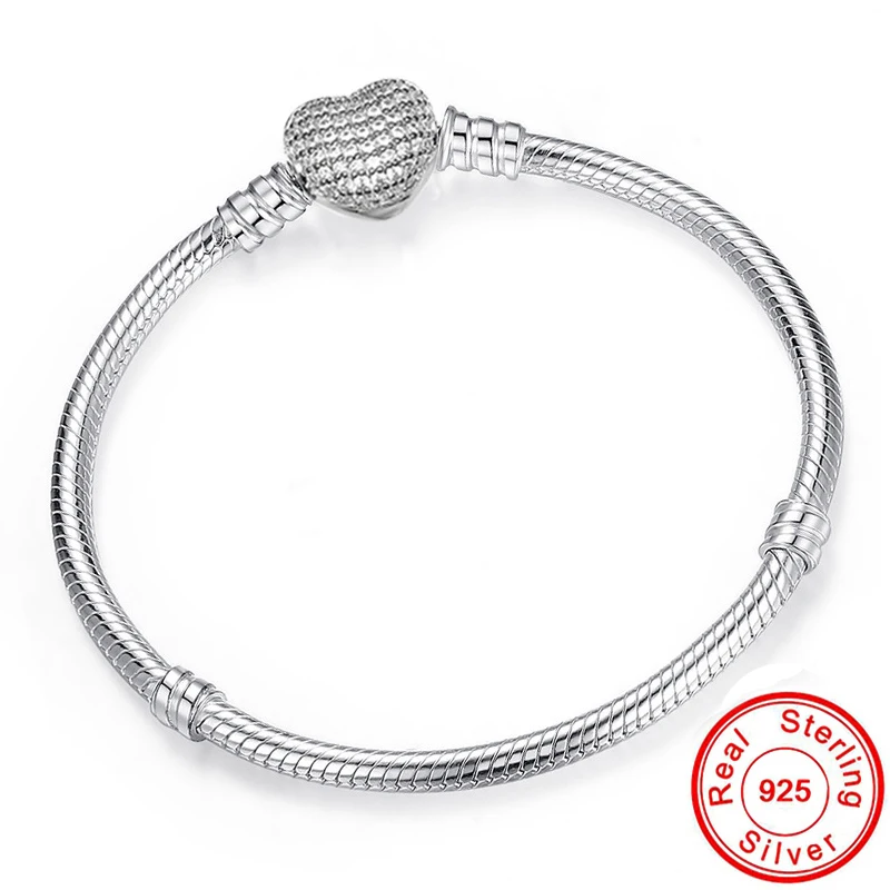 

Handmade Original 925 Solid Silver Snake Chain Bracelet Secure Heart Clasp Beads Charms Bracelet For Women DIY Jewelry Making