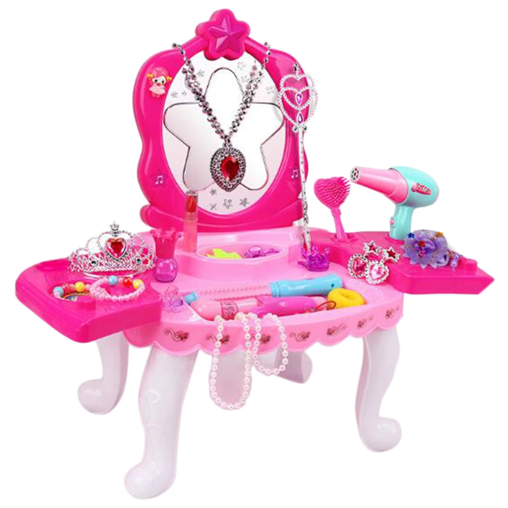 

Girls Role Playset Dressing Table w/ Mirror Rings Hair Clips Pretend Toys