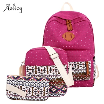 

Aelicy 3pcs/set Women Backpack Canvas Striped Printing School Bags For Teenage Girls Boys Backpack Ethnic Style Mochila Mujer