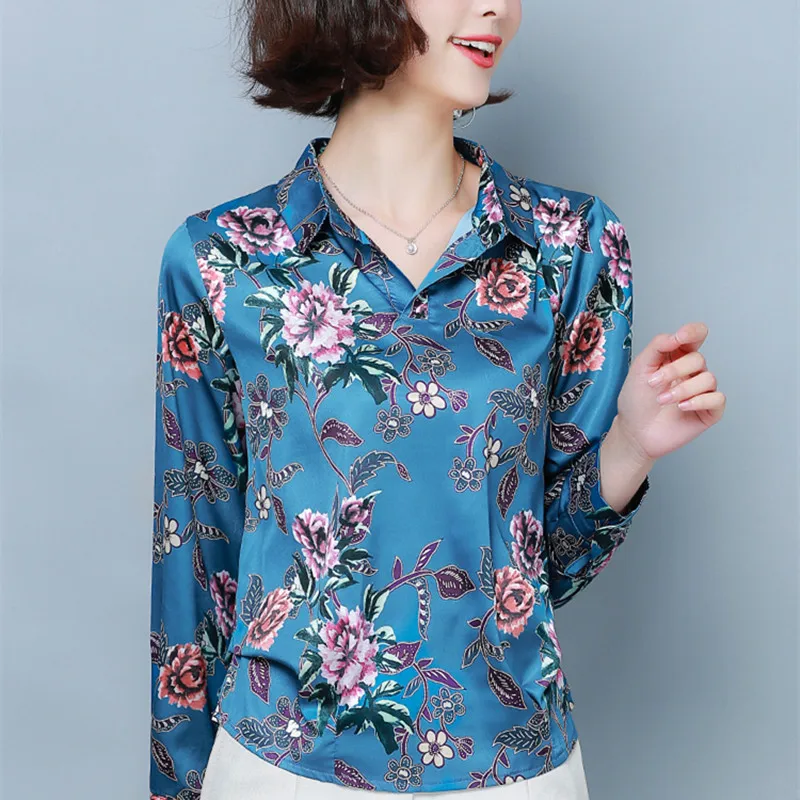 Korean Silk Women Shirts Elegant Woman Satin Blouses Tops Plus Size 4XL/5XL Women Floral Blouse Shirt Blusas Femininas Elegante