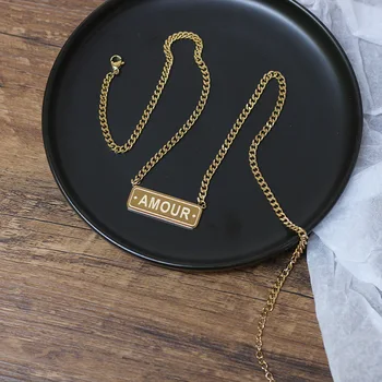 

Amaiyllis 18k Gold Simple AMOUR Square Sweater Chain Necklace Thick Chain Collar Statement Necklace For Female Jewelry