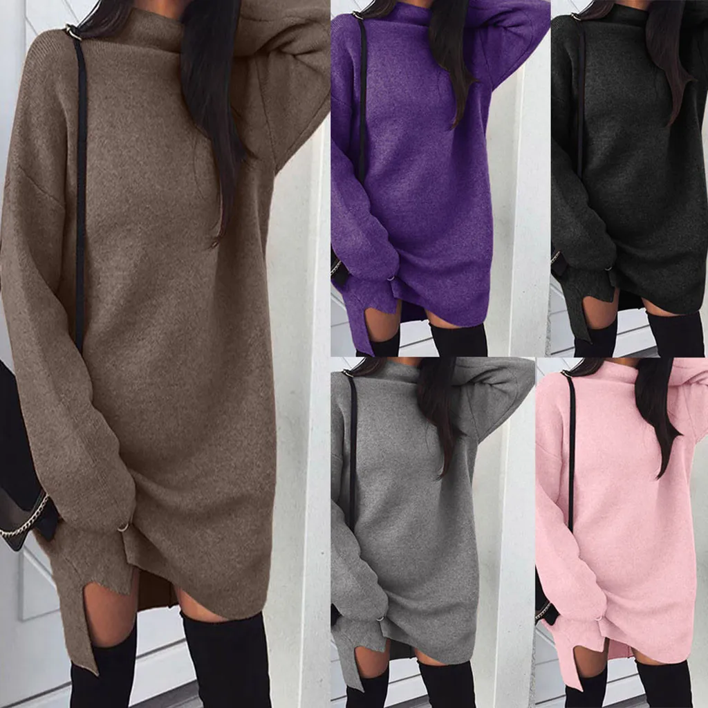 

Sweaterdress 2019Top Women Casual Turtleneck Long Sleeve Mini Dress Evening Party Autumn Sweater wool Dress