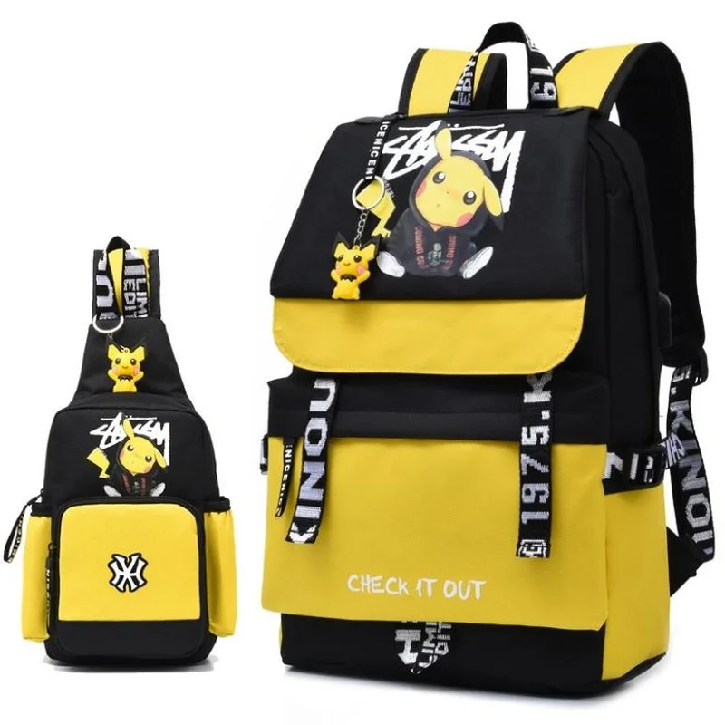 Action Large Pikachu Backpack with USB Charge Line Student Schoolbag Cute Cartoon Pikachu Couple Bags Quality Canvas Bag Gift