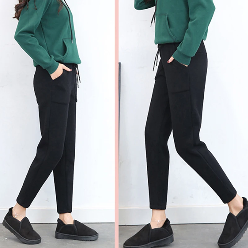 

2019 Autumn Sports Pants Women Casual Plus Velvet Warm Sports Sweatpants Solid Color Drawstring Elastic Waist Trousers