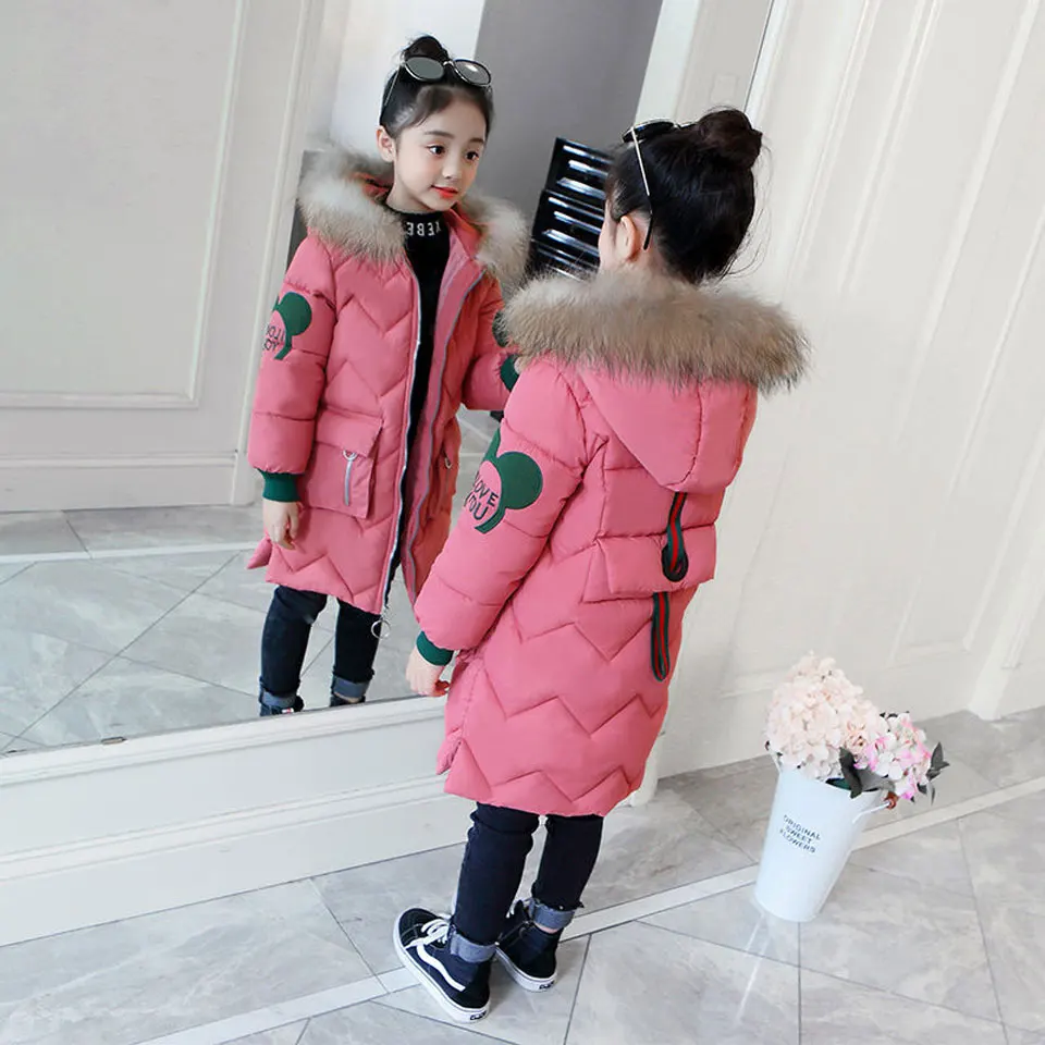 

Winter Jackets For Girls 2019 Fashion Cartoon Printed Thicken Warm Children Coats 4-12 Years Girl's Soft Fur Collar Parka Coat