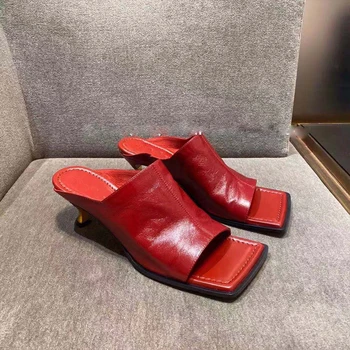 

Retro Slippers Square Toe Sandals Ladies Slingback Slides Brand Heels Sandals New Arrival Women Shoes Metal Heel Sandalias Mujer