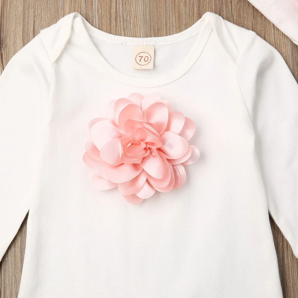 Комплект из 2 предметов; осенняя одежда с длинными рукавами для новорожденных девочек; комбинезон с объемным цветком; Розовая Осенняя шапка; Весенний комплект