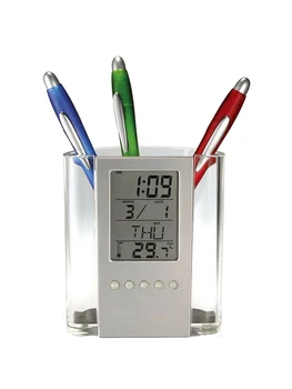 

Multi-Function Pen Holder LCD Digital Alarm Clock Desk Pencil Pen Holder Organizer Thermometer Calendar
