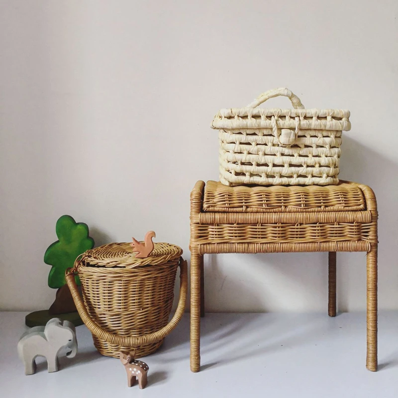 Handmade Rattan Basket Cute Kids Storage Picnic Handbag Baby Room Nursery Decor Wicker Organizer Bag Neatening Home Decorations