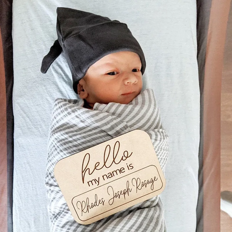 Newborn Hospital Photo Prop Custom Baby Shower Gift Birth Announcement Sign Hello My Name Is Personalized Plaque Wood Engraved Name Tag