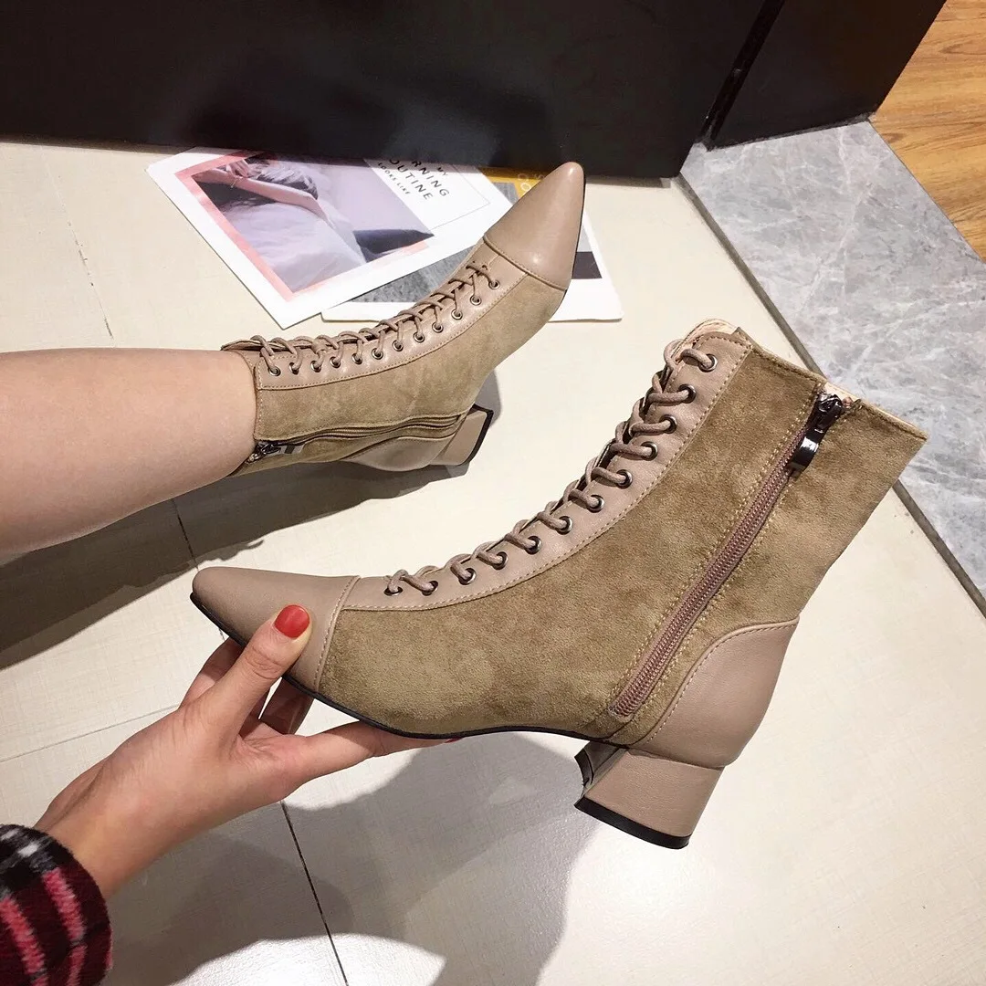 

Ozhouzhan 2019 Autumn New Style Pointed-Toe Martin Boots Genuine Leather Chunky High Heel Shoes Lace-up Elegant Thin Boots Short