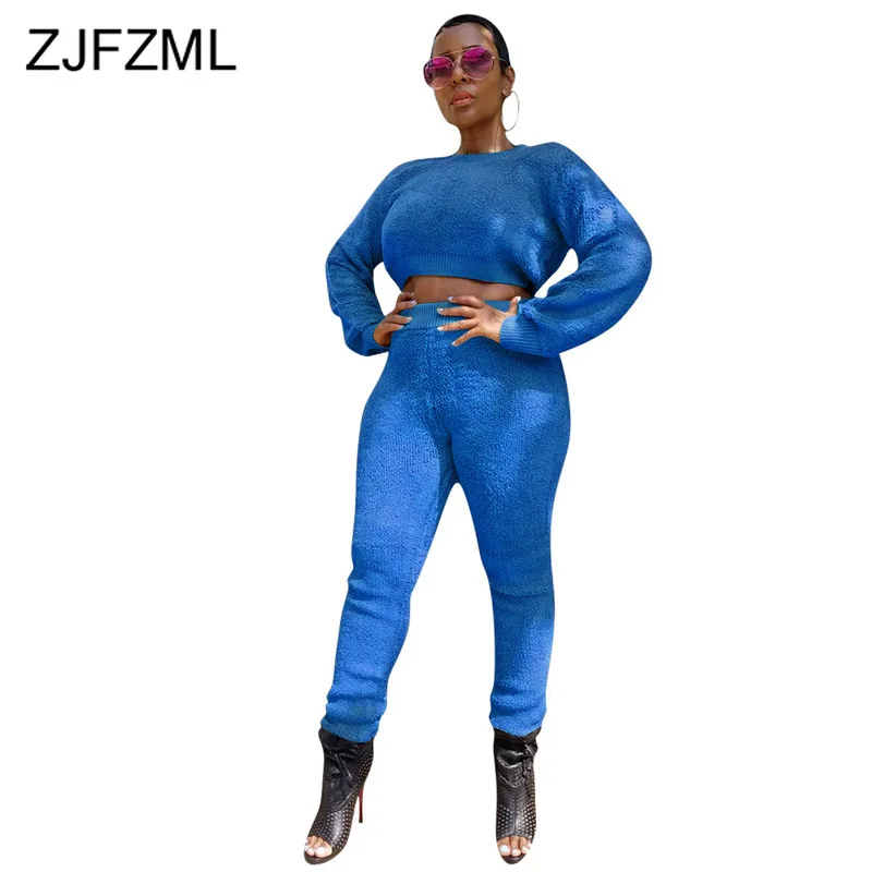 

Hairy Solid 2 Piece Set Sweatsuit Womens Clothing O Neck Full Sleeve Crop Tops + Long Pants Autumn Winter Two Pieces Set Suits