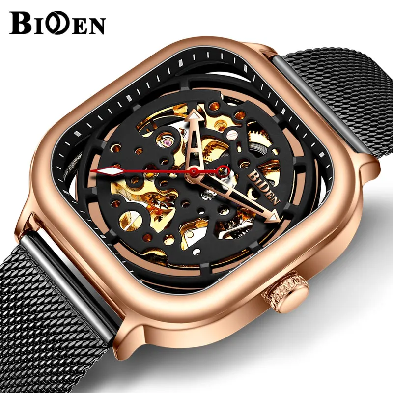 BIDEN Square Automatic Mechanical Watch Men Black Rose Gold Mesh Steel Strap Skeleton Dial Mens Watches Top Brand Luxury Clock