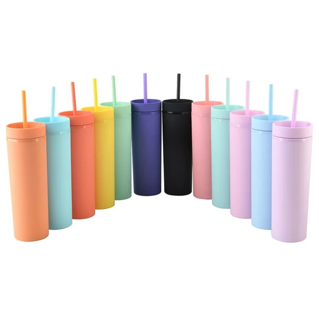 Wholesale 16oz Plastic Skinny Tumbler Slim Juice Cups Candy Colors With Lid  And Straw Portable Water Bottle For Party Gift - AliExpress