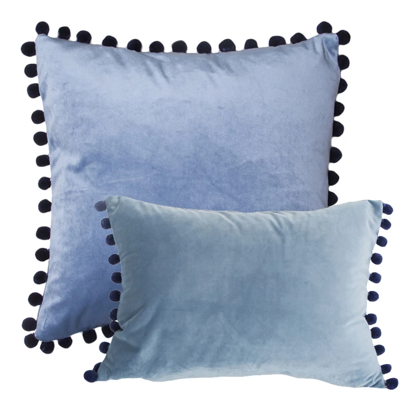 1 шт. роскошный бархатный чехол для подушки с помпонами, чистый цвет, украшение из шара арбутуса, наволочка для дивана, стула, домашний декор 30x50 см/45x45 см - Цвет: Blue