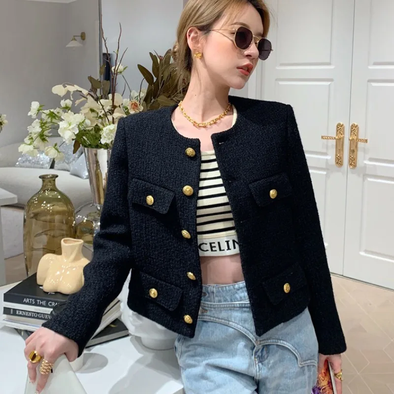 

Small Fragrance Women Black Tweed Outerwear Autumn Winter Golden Button Blends Wool Female Long Sleeve Jacket Coat 2023 New