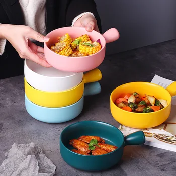 

Nordic Ceramic Bowl Instant Noodles Bowl Handle Breakfast Rice Baking Bowl Dessert Soup Fruit Salad Bowl Microwave Oven Special