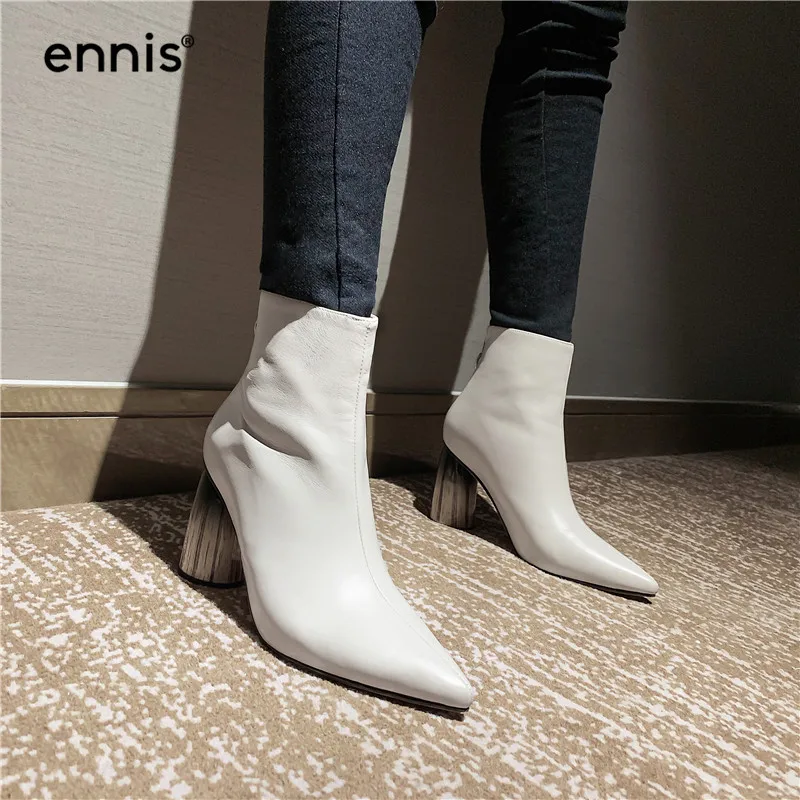 ENNIS Autumn Winter Women High Heel Boots Genuine Leather Pointed Boots Black Beige Designer Ankle Boots Ladies Shoes A9166