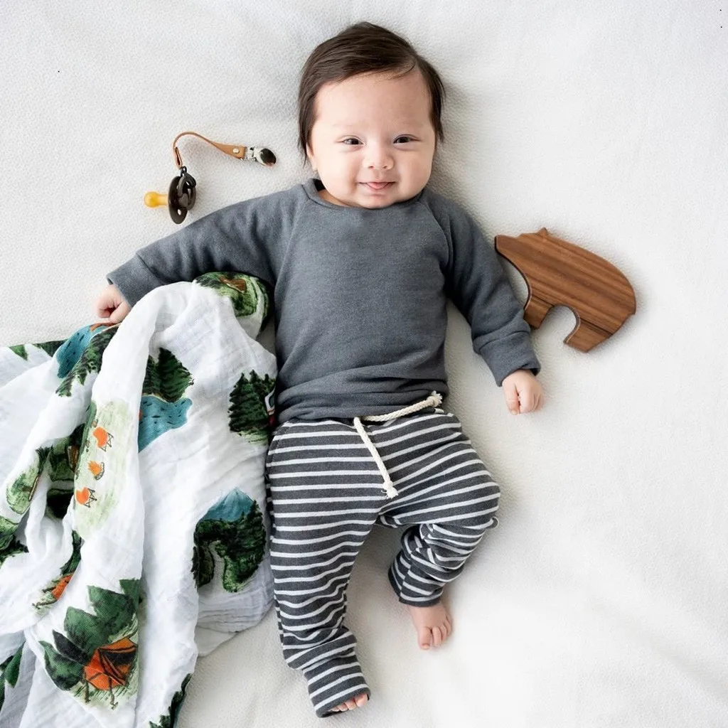 

Kids Clothing Set Toddler Kids Baby Boy Girl Long Sleeve Pajamas Sleep Shirt +Stripe Lace-Up Pants Children Outfits Sets M50#