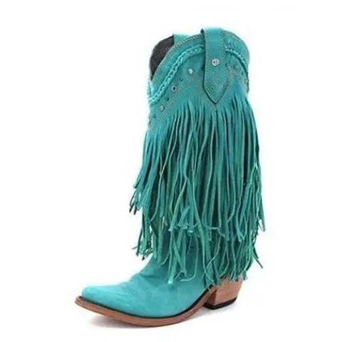 MoneRffi/женские ботинки с бахромой; ковбойские ботинки до середины икры с бахромой; ботинки в байкерском стиле на низком каблуке в богемном стиле; женская обувь; сезон осень; chaussures femme - Цвет: green