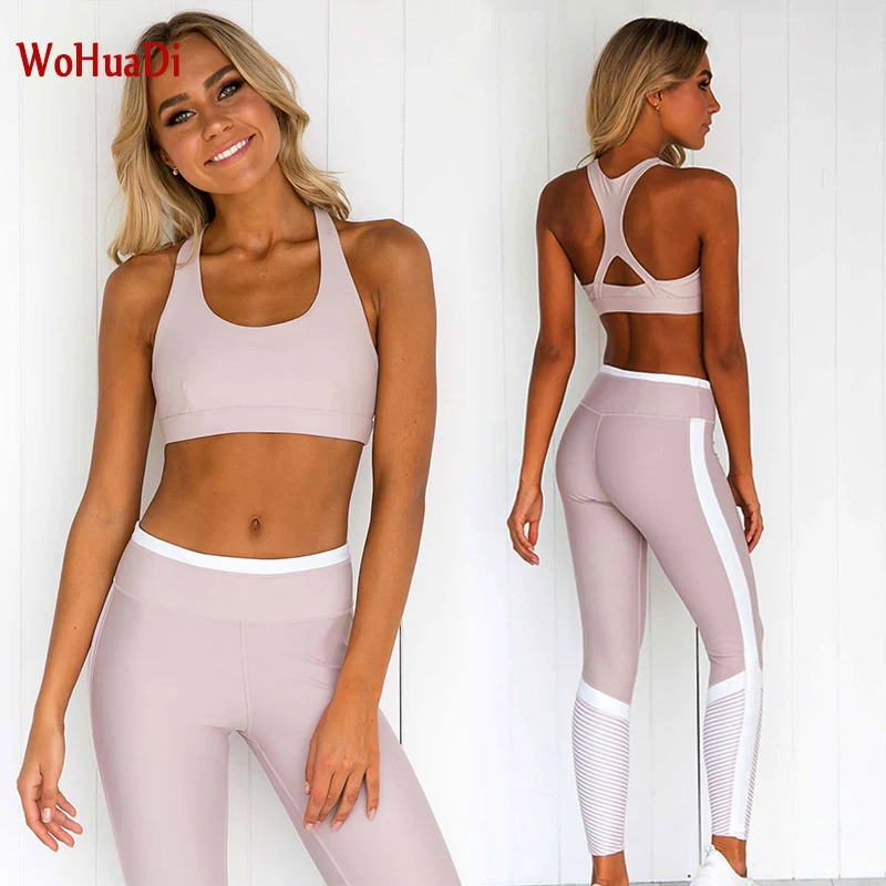 

WOHUADI 2 Piece Women Seamless Yoga Suit Sportswear Fitness Sport Gym Running Set Striped patchwork Sports Bra+Leggings Sets