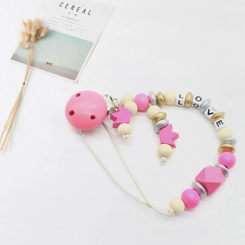 1PCS Wood Silicone Beads Baby Pacifier Clips Chain Nipple Pacifier Chain Holder Letter Charms Teether Toys Anti-Drop Chains