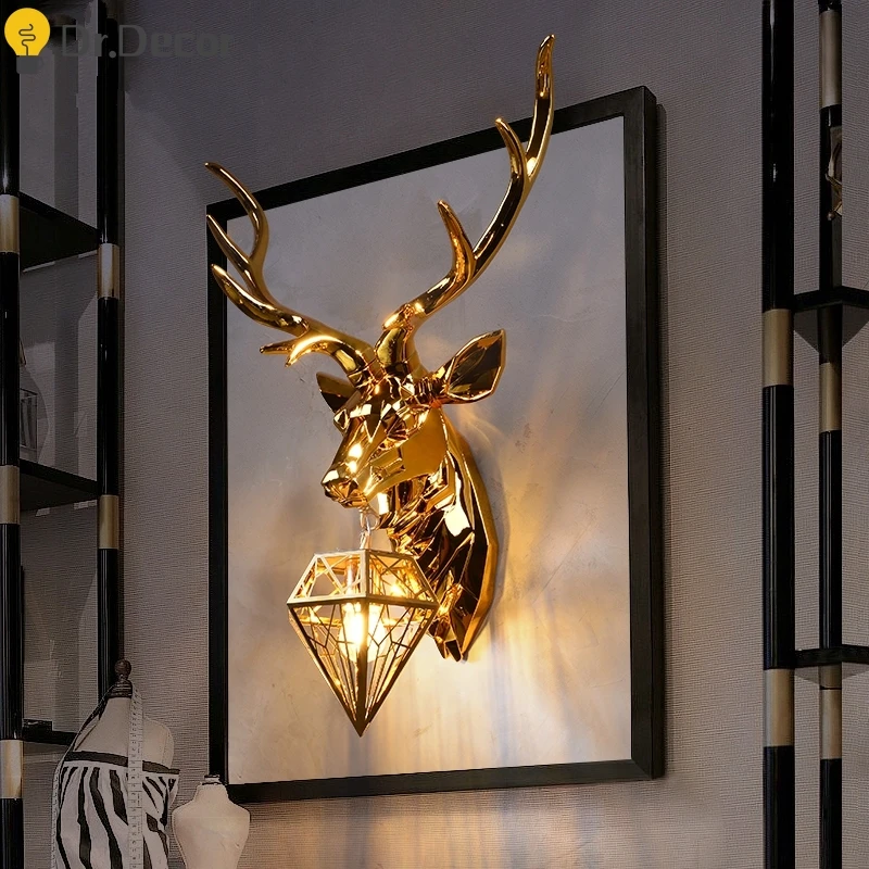 US $95.10 Modern Resin Antler Wall Lamp Nordic Wall Light Retro Deer Living Room Bedroom Bedside Lamp Wall Sconce Lamp Indoor Vanity Light