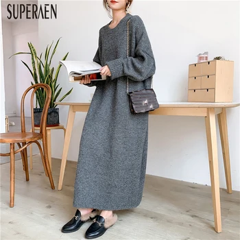 

SuperrAen Pluz Size Fashion Women Knitted Dress 2020 Autumn and Winter New Europe Ladies Dress Solid Color Women Clothing