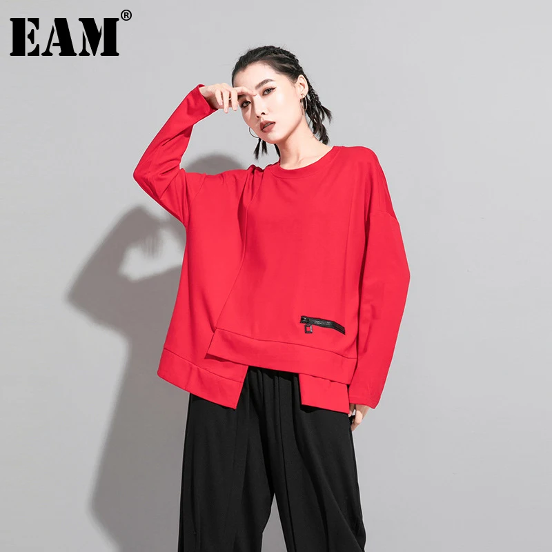 Big-Size T-Shirt Irregular Long-Sleeve Red EAM Fashion Women Spring Round-Neck 