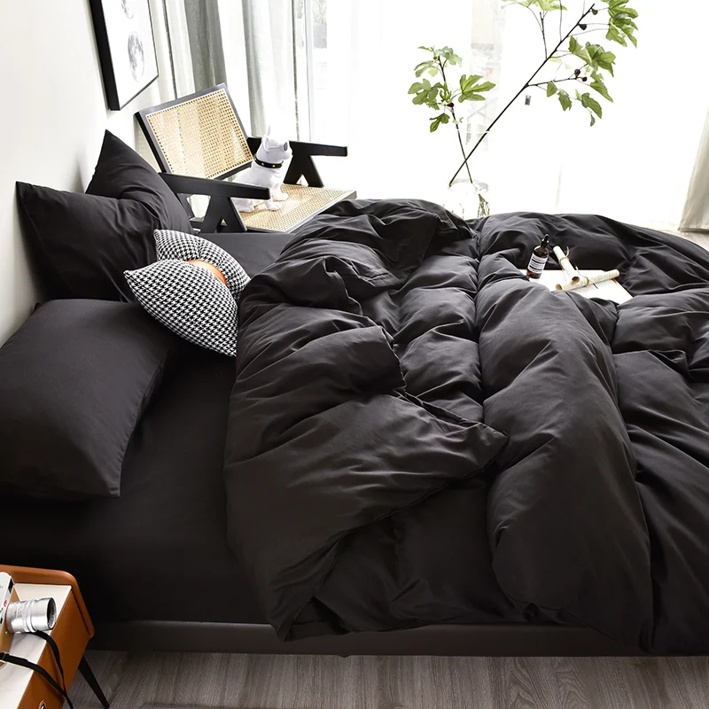 Bedding Set High Quality Skin Friendly Fabric Black Duvet Cover Set Solid Color Single Double King Size Quilt Cover Set 3