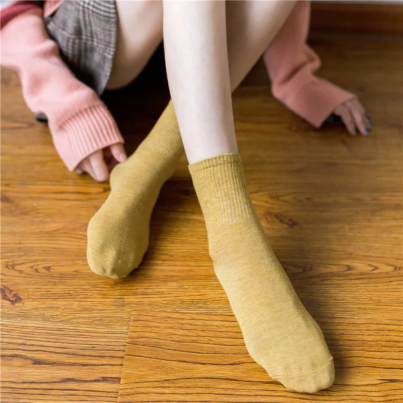 1 пара, модные однотонные носки, женские повседневные носки, высокое качество, дышащие хлопковые носки, черные, белые, желтые, синие