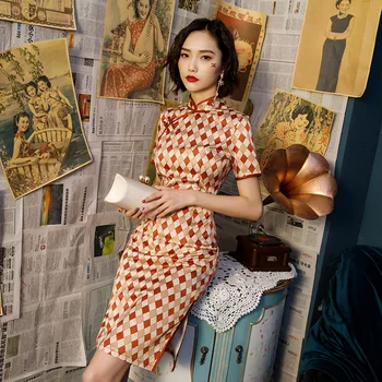 

Red Rhombus Pattern Chinese Dress Spell Color Plaid Qipao Dresses Women Clothing Cheongsam Modern Vestido Chino Mujer Knee Qipao