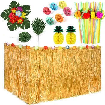 

A Set of Hawaiian Party Decorations Beach Tropical Style Table Skirt Palm Leaf Hawaii Tropical Party Summer Luau Party Supplies