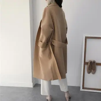 

Turn-Down Collar Solid Long Woolen Coat Formal Women Belt Pockets Oversize Slim Coat Cardigan Plus Size Outwear