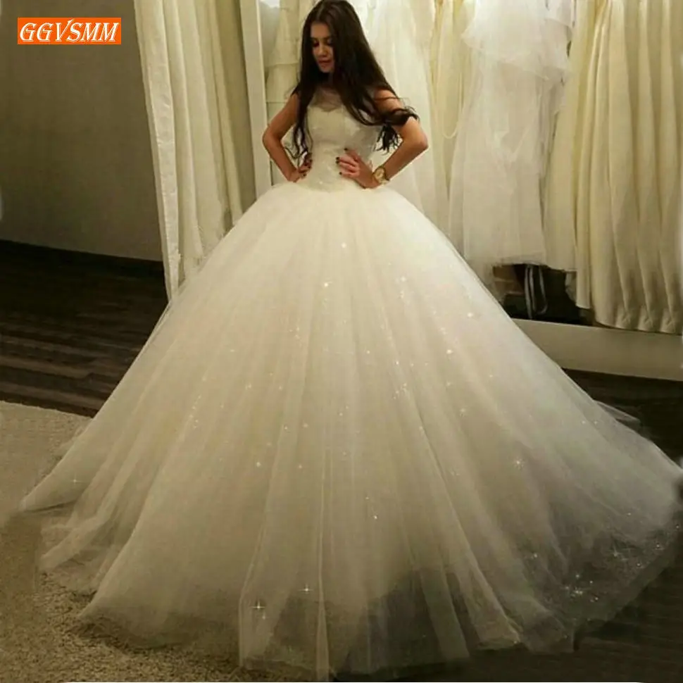 

Sparkle Ball Gown Wedding Dresses Illusion Sleeveless Bling Bling Sequin Tulle Bridal Dress Princess Custom Made Wedding Gowns