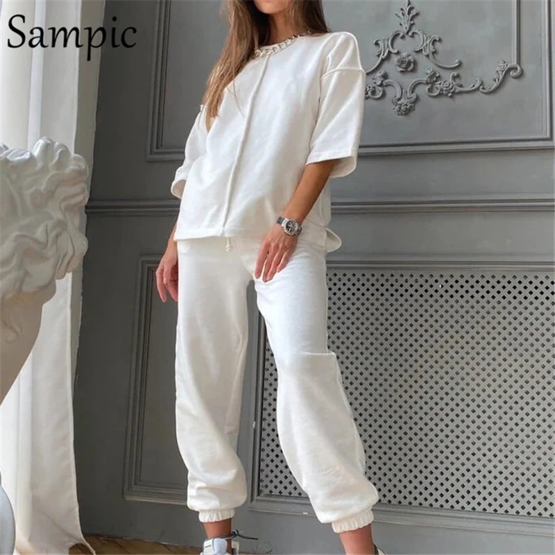 Sampic Tracksuit Women Sport Casual 2021 Summer Set Loose Khaki Short Sleeve Shirt Tops And Pants Bottom Suit Two Piece Set cute two piece sets