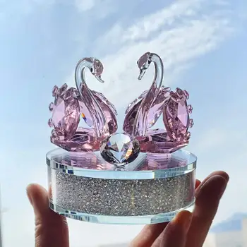

H&D Crystal Swan Figurine Collection Round Rhinestone Base Desktop Ornament Paperweight Home Decor Gift Wedding Favor (Pink)
