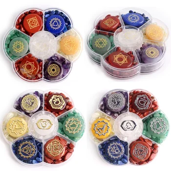 

Natural Set 7 Chakra Stones Symbols 7 Kinds Crystal Gravels Chips Set with Plastic Container Palm Gemstones Decor Reiki Healing
