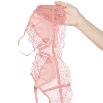 

Pink Cross Bandage Bras Underwear Plus Size Female Comfortable Transparent Lace Women Bra And Panties Set Girl Push Up Lingerie
