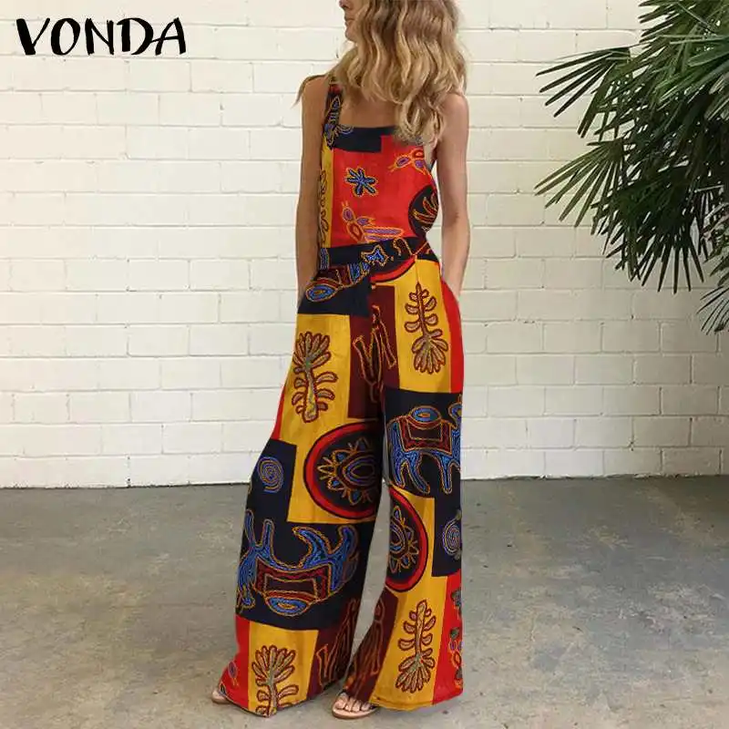 

Vintage Printed Rompers VONDA 2020 Sexy Sleeveless Wide Leg Jumpsuits Bohemian Overalls Femme Suspenders Pantalones Plus Size