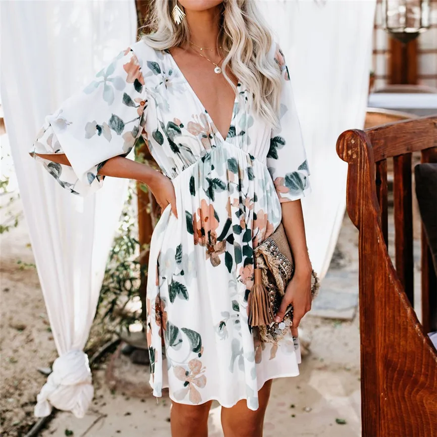 Vestidos Verano женское летнее Повседневное платье с эластичной талией и глубоким v