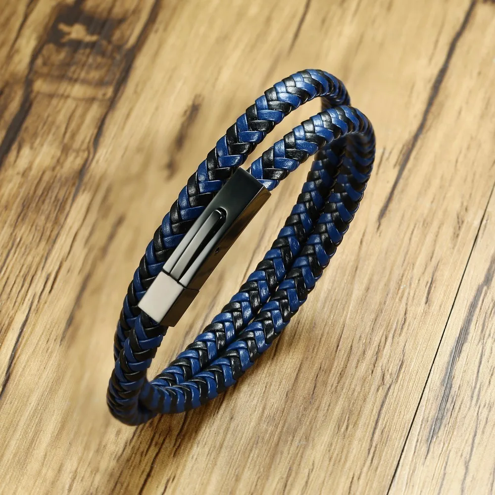 

MEN'S BLACK & DARK BLUE BRAID DOUBLE LEATHER WRAP BRACELET MAGNETIC CLASP MALE WRISTBAND JEWELRY STYLISH GIFT