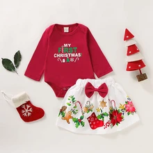 Рождественский костюм с юбкой для маленьких девочек боди с буквенным принтом и бантом, юбки с мультипликационным рисунком, костюм, новинка года, одежда для маленьких девочек