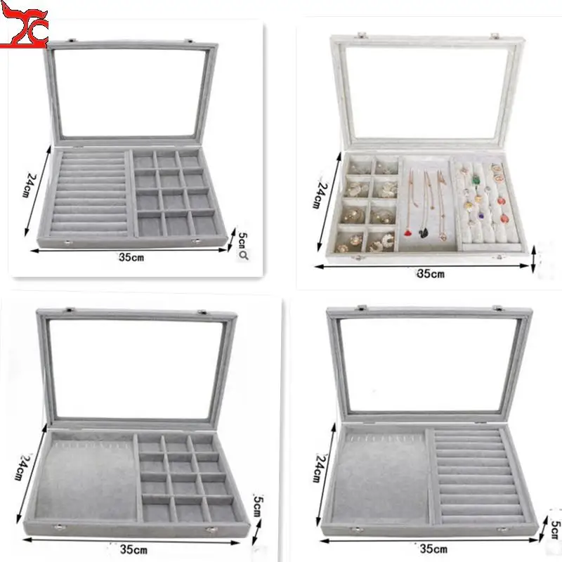 Velvet Jewelry Displaying Trays Jade Brooch Breastpin Earring Ring Organizer Holder Drawer with Glass Lid Window Showcase Gifts