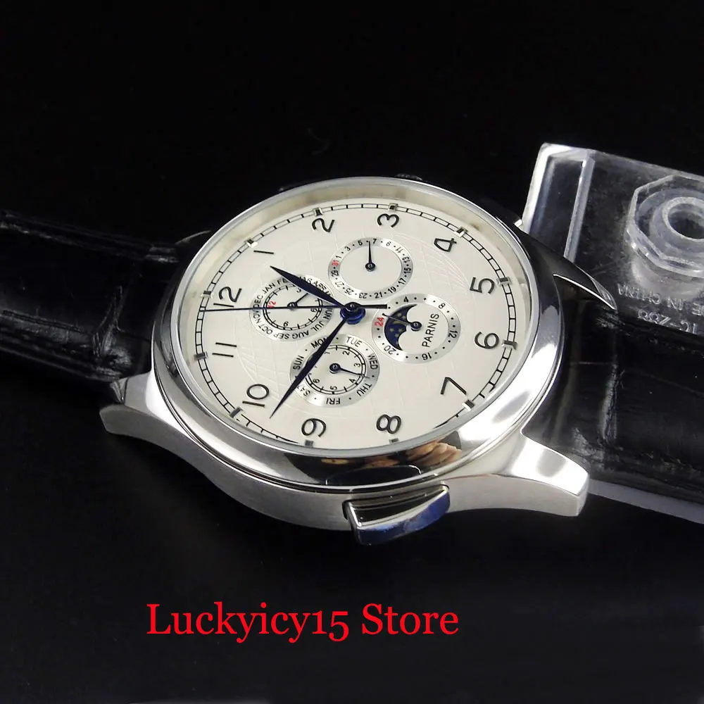 PARNIS механические мужские часы год Дата Луна фазоуказатель 44 мм самообмотка Wriatwatch кожаный ремешок белый циферблат