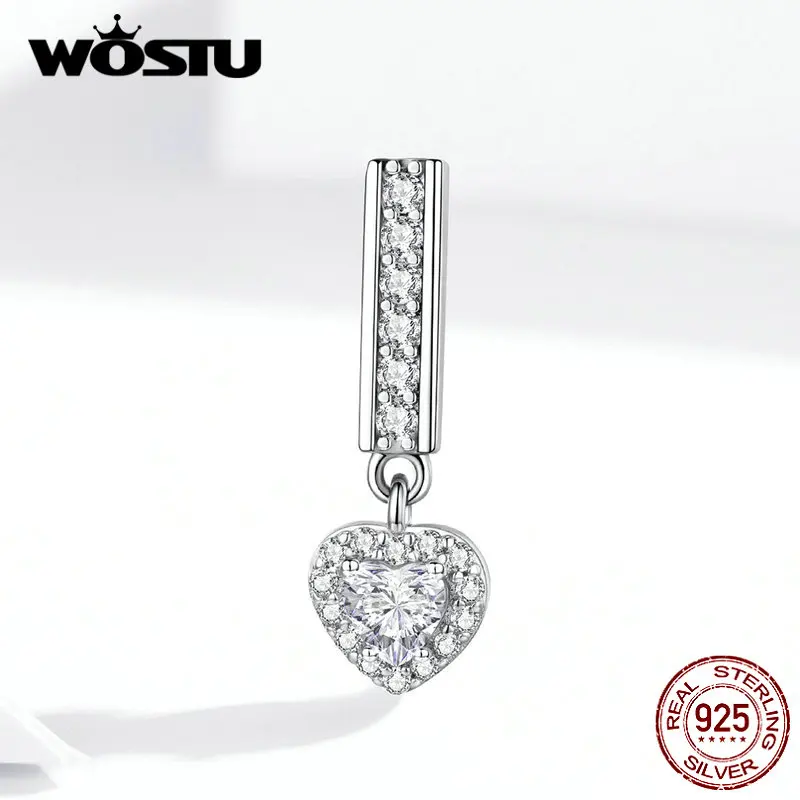 WOSTU, 925 пробы, серебряные бусины в форме сердца, яркие циркониевые амулеты, подходят к оригинальному браслету, Подвеска для женщин, хорошее ювелирное изделие CQX109