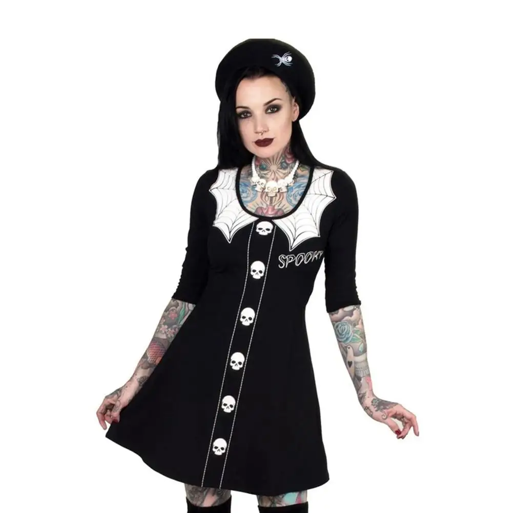 

DSstyles New Style A-Line Dresses Halloween Long Sleeve Dress Skull Spider Net Round Collar Cosplay Party Costume