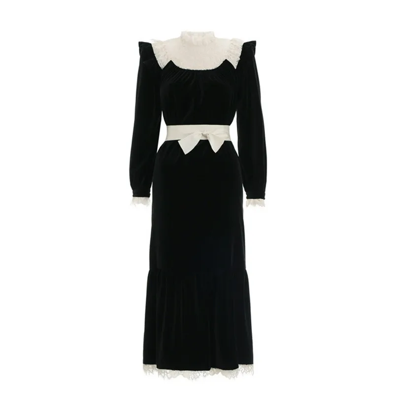 Осенняя зимняя одежда женское винтажное элегантное Плиссированное черное кружевное лоскутное бархатное платье с длинным рукавом дизайнерское платье-миди