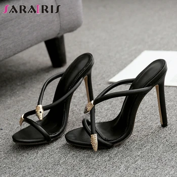 

SARAIRIS INS Hot Metal Decorating Slippers Summer High Thin Heels Slides Women Summer Sexy Heeled slip-on Shoes Woman